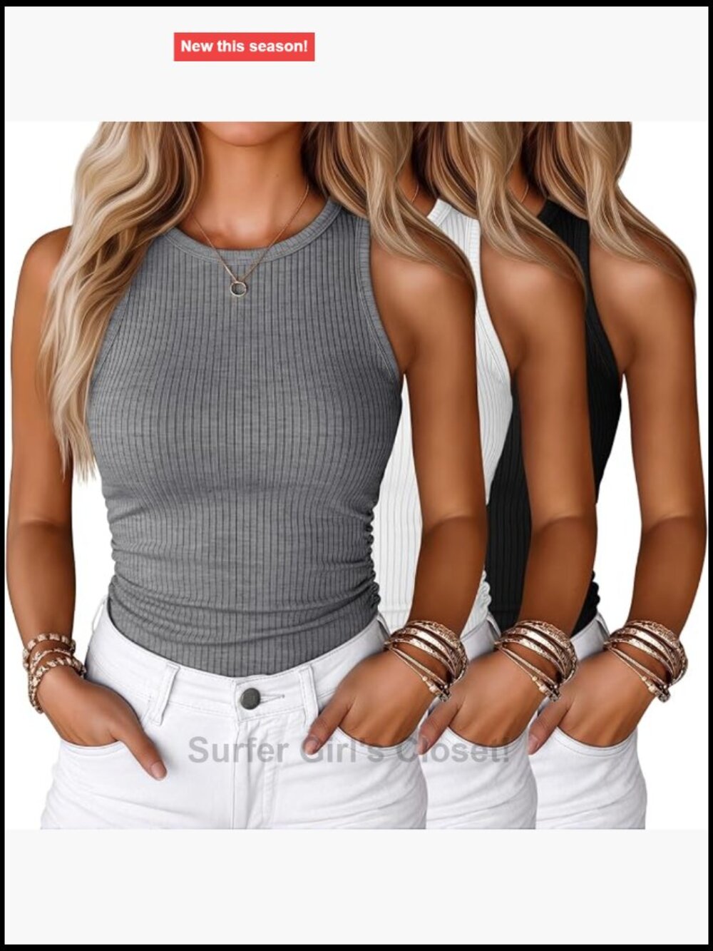 3 Pack Womens Sleeveless Cotton Tank Tops Ribbed Ruched